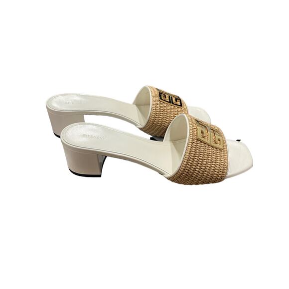 Givenchy Sandal Raffia 4G Block Heel Leather Mules Ivory Tan - Picture 9 of 11